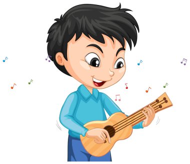 Beyaz arkaplanda ukulele çalan bir çocuk karakteri