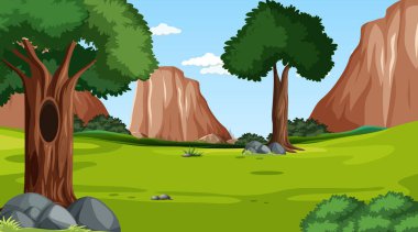 Çeşitli orman ağaçları ve kayalık resimli orman sahnesi