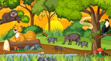 Gün batımında orman manzarası ve farklı vahşi hayvan resimleri.