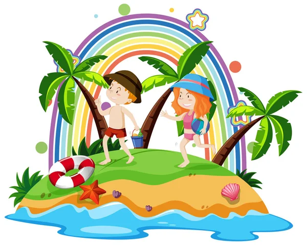Regenbogen Auf Der Insel Mit Kindern Illustration — Stockvektor