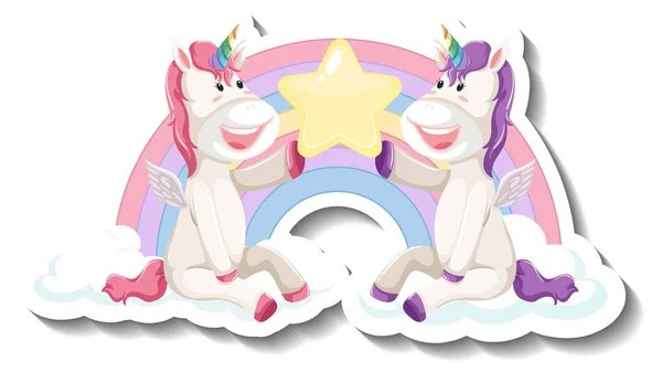 Two Cute Unicorns Holding Star Together Cartoon Sticker Illustration — Stock Vector