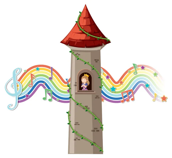 Principessa Torre Con Simbolo Melodico Sull Illustrazione Delle Onde Arcobaleno — Vettoriale Stock