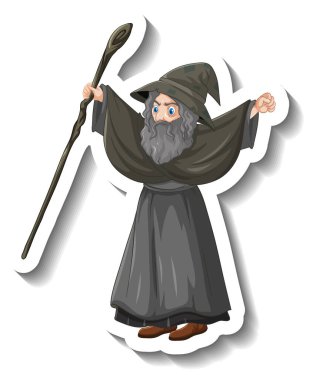 Karikatür karakter çıkartması çizimi tutan yaşlı sihirbaz