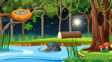 Gece illüstrasyonunda orman sahnesinde nehir akıyor.