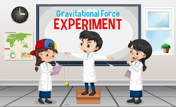 Expérience Force Gravitationnelle Avec Des Enfants Scientifiques Illustration Personnage Dessin — Image vectorielle