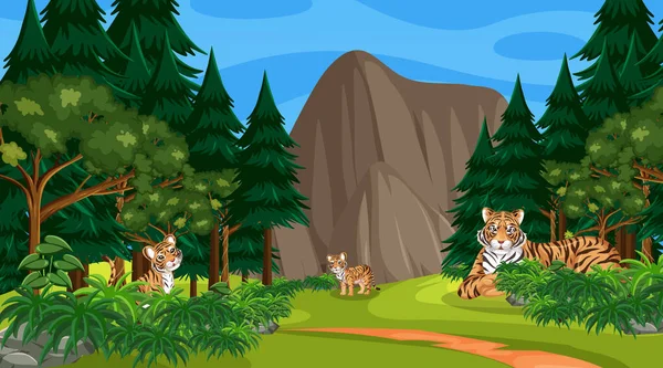 Família Tigre Cena Floresta Floresta Tropical Com Muitas Árvores Ilustração — Vetor de Stock