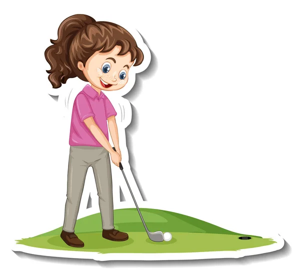 Adesivo Personagem Desenhos Animados Com Uma Menina Jogando Ilustração Golfe —  Vetores de Stock