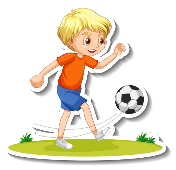 Adesivo Personaggio Cartone Animato Con Ragazzo Che Gioca Calcio Illustrazione — Vettoriale Stock