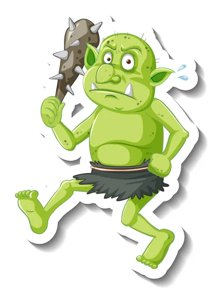 Ilustración Etiqueta Engomada Personaje Dibujos Animados Duende Verde Troll — Vector de stock