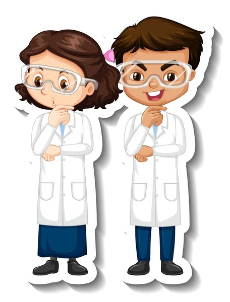 Stiker Karakter Kartun Dengan Beberapa Ilmuwan Dalam Ilustrasi Gaun Sains - Stok Vektor