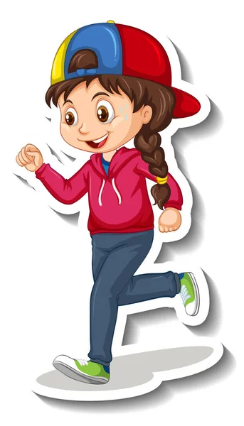 Cartoon Character Sticker Girl Jogging White Background Illustration — Stock Vector