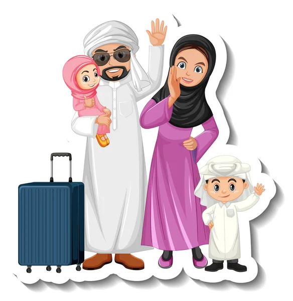 Glückliche Arabische Familie Cartoon Charakter Aufkleber Auf Weißem Hintergrund Illustration — Stockvektor