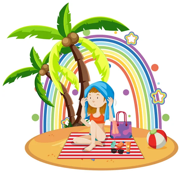 Regenbogen Auf Der Insel Mit Einem Mädchen Strand Illustration — Stockvektor