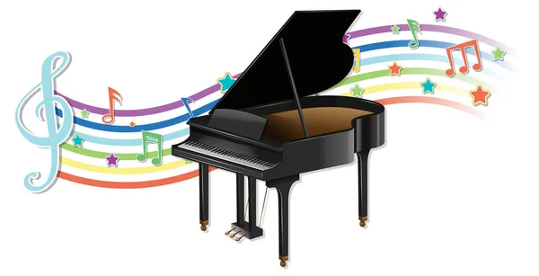 虹の波のイラストのメロディー記号を持つピアノ — ストックベクタ