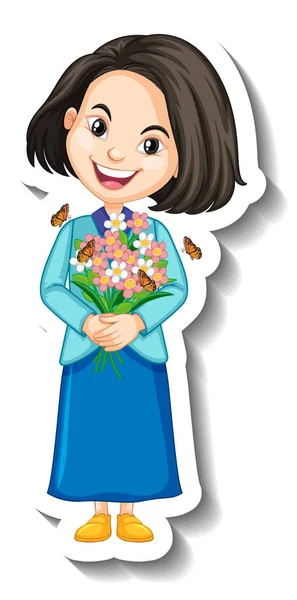 Girl Holding Bouquet Cartoon Character Sticker Illustration — Stock Vector