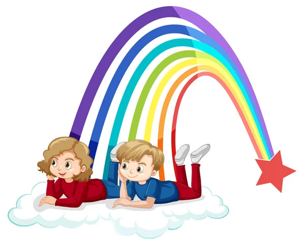 两个孩子躺在云上用彩虹图解 — 图库矢量图片
