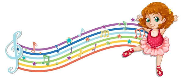 Ballerina Con Simboli Melodici Sull Illustrazione Delle Onde Arcobaleno — Vettoriale Stock