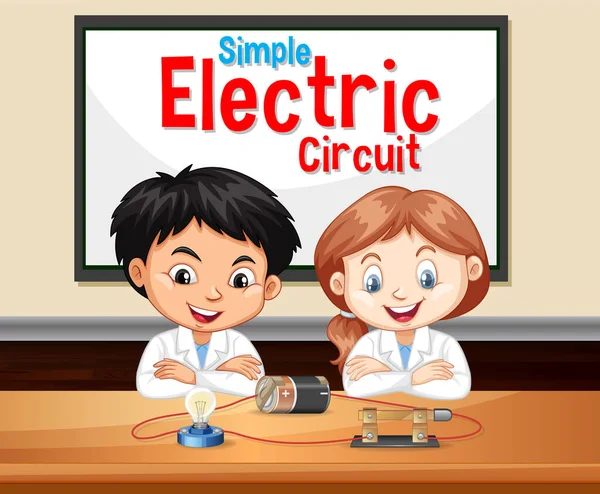 Circuito Elettrico Semplice Con Scienziato Bambini Cartone Animato Personaggio Illustrazione — Vettoriale Stock