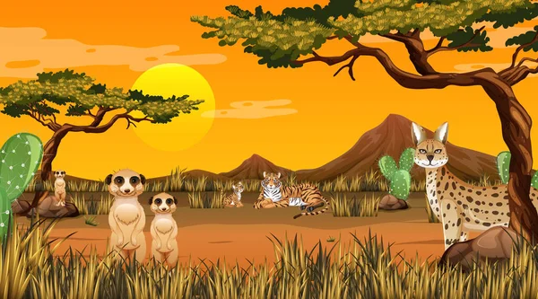 Desert Forest Landscape Sunset Time Scene Wild Animals Illustration — Stock Vector