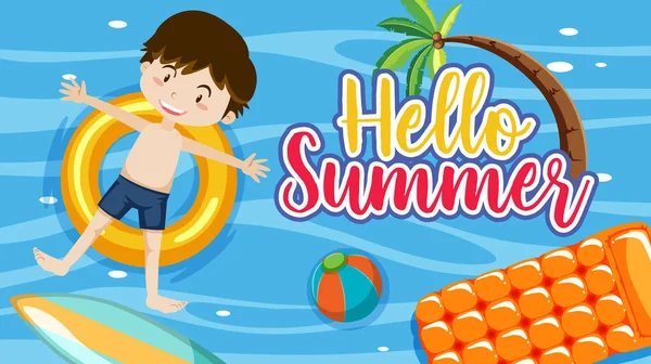 Знамя Hello Summer Мальчиком Лежащим Плавательном Кольце Бассейне — стоковый вектор