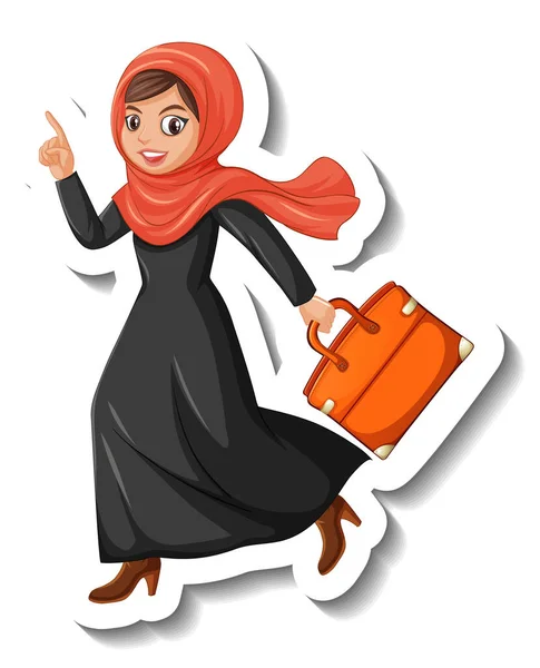 Karakter Kartun Stiker Dari Wanita Muslim Memegang Tas Pada Ilustrasi - Stok Vektor