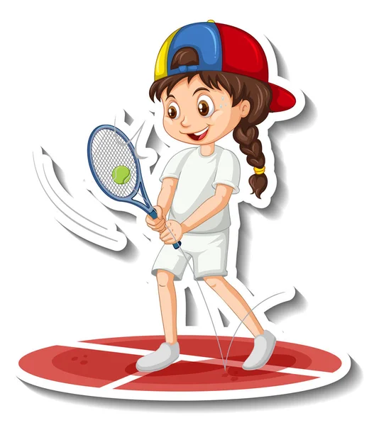 Personaje Dibujos Animados Pegatina Con Una Chica Jugando Tenis Ilustración — Vector de stock