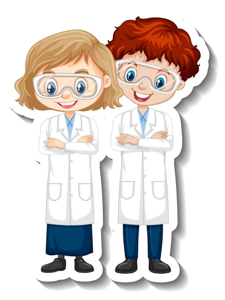 Cartoon Charakter Aufkleber Mit Paar Wissenschaftlern Wissenschaftlichen Kleid Illustration — Stockvektor