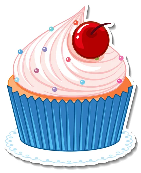 Cupcake Avec Autocollant Cerise Isolé Sur Fond Blanc Illustration — Image vectorielle