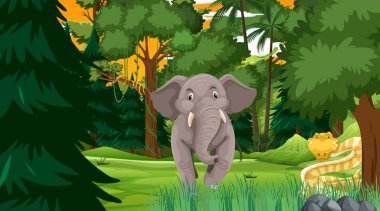 Günbatımında orman farklı vahşi hayvan resimleriyle dolu.