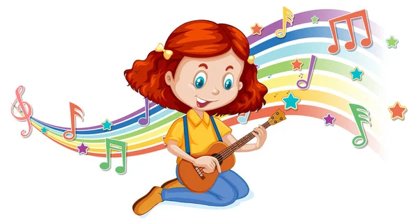女の子は虹の波のイラストにメロディー記号でギターを演奏 — ストックベクタ