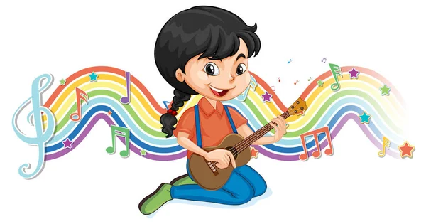 Chica Tocando Guitarra Con Símbolos Melodía Ilustración Onda Arco Iris — Archivo Imágenes Vectoriales