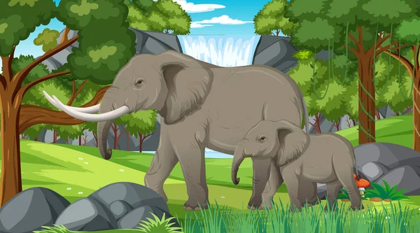 Éléphant Dans Forêt Forêt Tropicale Avec Nombreux Arbres Illustration — Image vectorielle