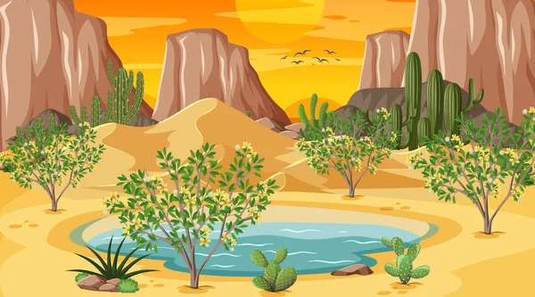 Paisaje Del Bosque Del Desierto Atardecer Con Ilustración Oasis — Vector de stock