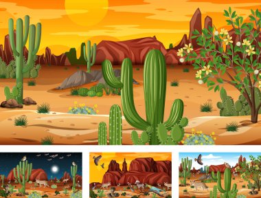 Hayvanlar ve bitkilerin resimlendiği farklı çöl ormanları.