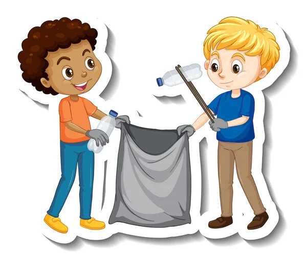 Two Boys Picking Litters Cartoon Character Sticker Illustration — Stock Vector