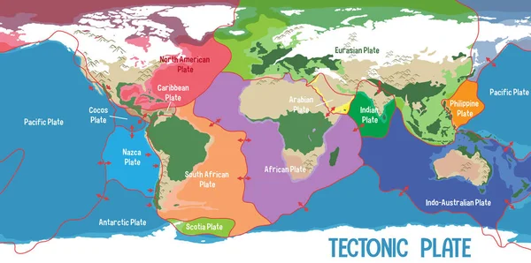 Mapa Świata Wyświetlanie Tectonic Plates Granice Ilustracja — Wektor stockowy