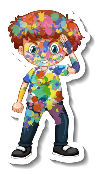 Happy Boy Met Kleur Zijn Lichaam Sticker Witte Achtergrond Illustratie — Stockvector