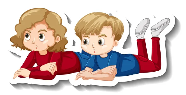 Paar Kinderen Leggen Cartoon Karakter Sticker Illustratie — Stockvector