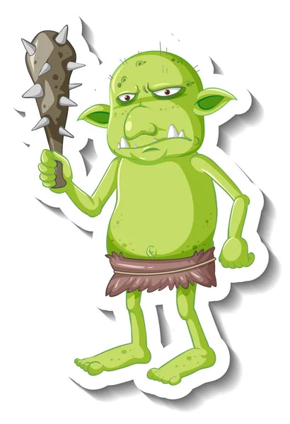 Ilustración Etiqueta Engomada Personaje Dibujos Animados Duende Verde Troll — Vector de stock