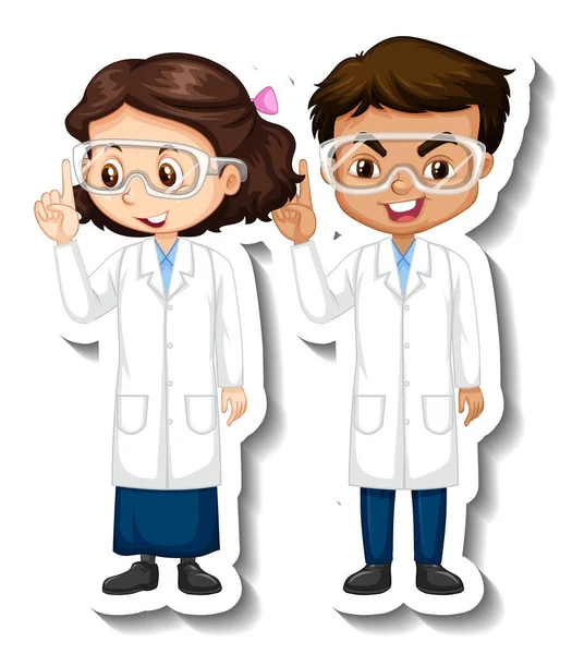 Cartoon Charakter Aufkleber Mit Paar Wissenschaftlern Wissenschaftlichen Kleid Illustration — Stockvektor