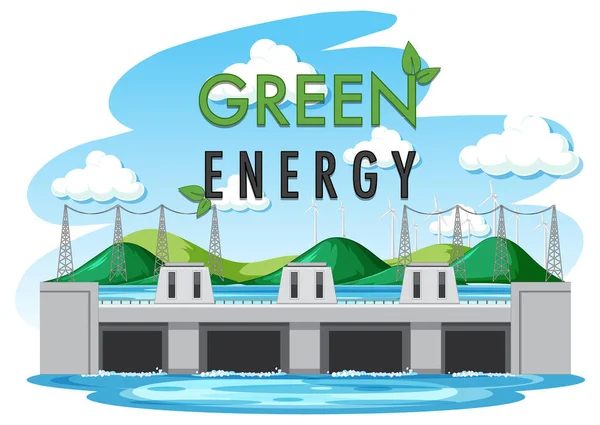 Las Centrales Hidroeléctricas Generan Electricidad Con Ilustración Pancarta Verde — Vector de stock