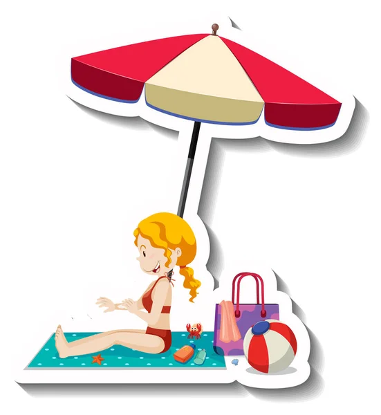 Una Mujer Que Aplica Crema Solar Playa Ilustración — Vector de stock