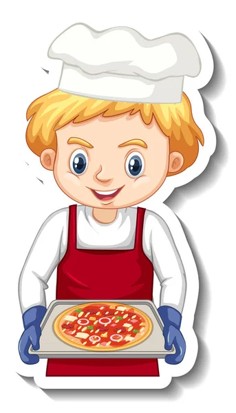 Diseño Etiqueta Engomada Con Chef Niño Sosteniendo Bandeja Pizza Ilustración — Archivo Imágenes Vectoriales