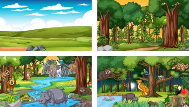 Çeşitli vahşi hayvan resimleriyle farklı orman yatay sahneleri.