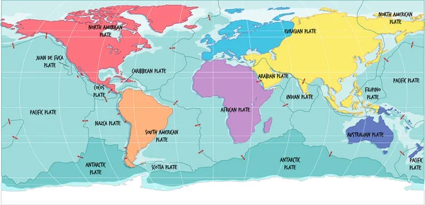 Wereld Kaart Toont Tectonische Platen Grenzen Illustratie — Stockvector