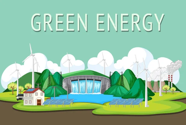 Vodní Elektrárny Vyrábějí Elektřinu Zeleným Praporem Ilustrace — Stockový vektor