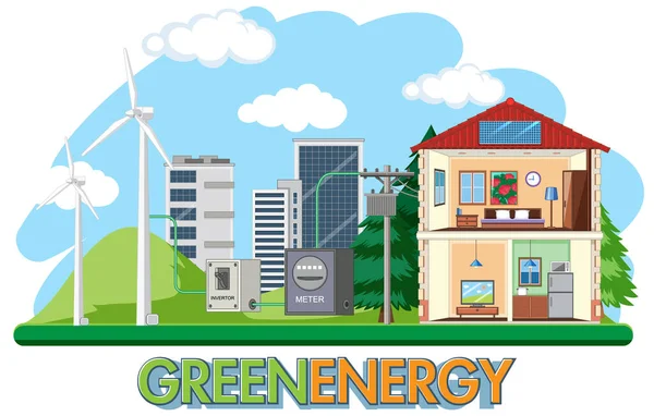 Zielona Energia Generowana Przez Ilustrację Turbiny Wiatrowej — Wektor stockowy