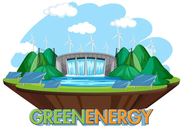 Hydro Power Plants Genereren Elektriciteit Met Groene Banner Illustratie — Stockvector