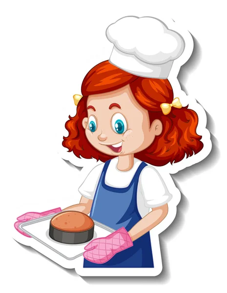 Desenhos Animados Personagem Adesivo Com Chef Menina Segurando Assado Bandeja — Vetor de Stock