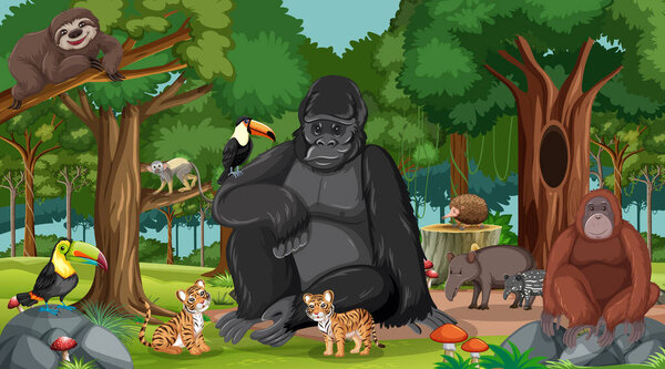 Горилла с другими дикими животными в лесу или в тропических лесах